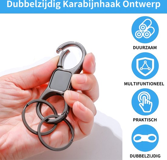 Zware, multifunctionele, praktische, dubbelzijdige karabijnhaak sleutelhanger met sleutelringen in donker metaal.