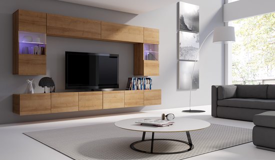 TV meubel - CALABRINI 1 - met LED verlichting - Hangmeubel - Gouden eik - 300 cm