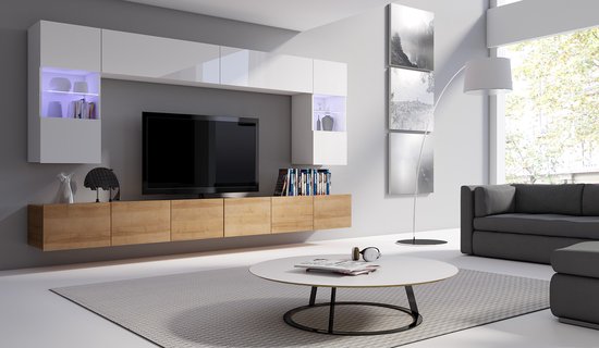 TV meubel - CALABRINI 1 - met LED verlichting - Hangmeubel - Wit glans + Gouden eik - 300 cm