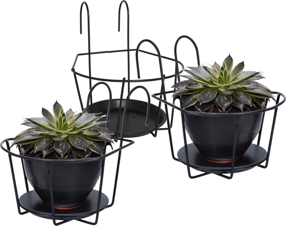 Gerimport Balkon bloempothouder 3x bloembak met ophanging zwart metaal 29 x 22 x 24 cm rond Balkonbakken
