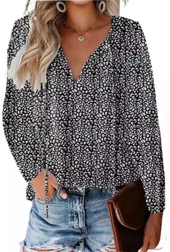 Elegante chiffon blouse met V-hals, shirt met lange mouwen