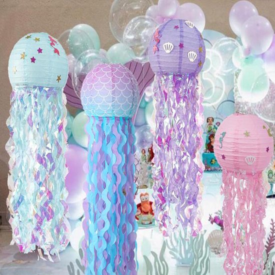 Foto: Joya party zeemeermin kwallen lantaarns set van 4 onderwater verjaardag decoraties oceaan thema feestbenodigdheden papieren lampionnen feestdecoraties kwallen