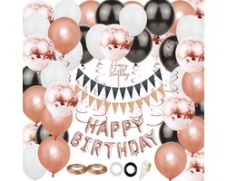 Joya Party® Compleet Rose Goud Verjaardag versieringspakket | Rose Gouden, Zwarte & Witte Helium Ballonnen | Verjaardag Versiering | Happy Birthday Slingers | Ballon feestpakket | 53 stuks