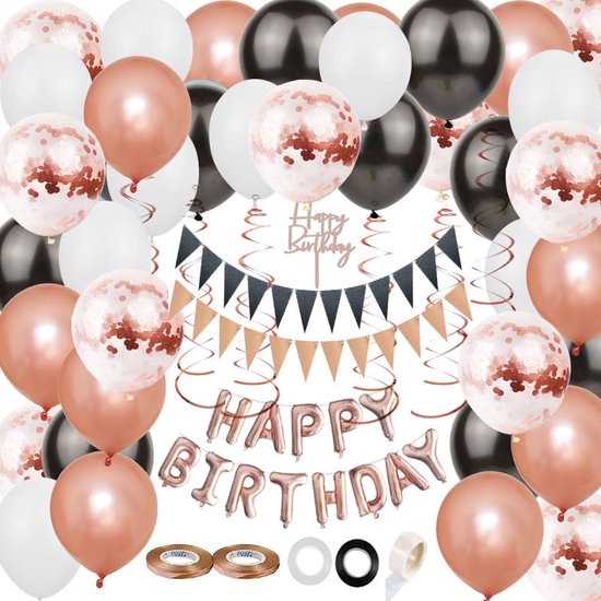 Joya Party® Compleet Rose Goud Verjaardag versieringspakket | Rose Gouden, Zwarte & Witte Helium Ballonnen | Verjaardag Versiering | Happy Birthday Slingers | Ballon feestpakket | 53 stuks
