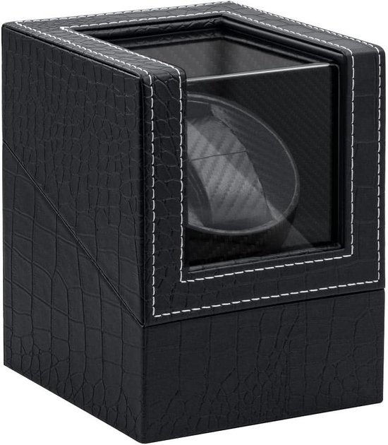 Watch Winder for Automatic Watches Single Watch Winder Box PU Leather Carbon Fiber Pattern Watch Case with EU Plug - Black - High Quality