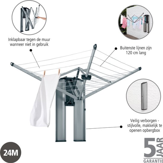 Brabantia WallFix Wanddroogrek - met Opberg-/Beschermbox - 24 m - Metallic Grey
