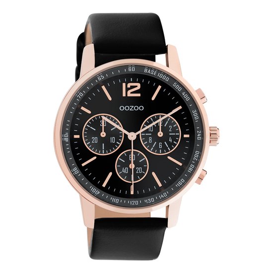 OOZOO Timepieces - Rosé goudkleurige horloge met zwarte leren band - C10814