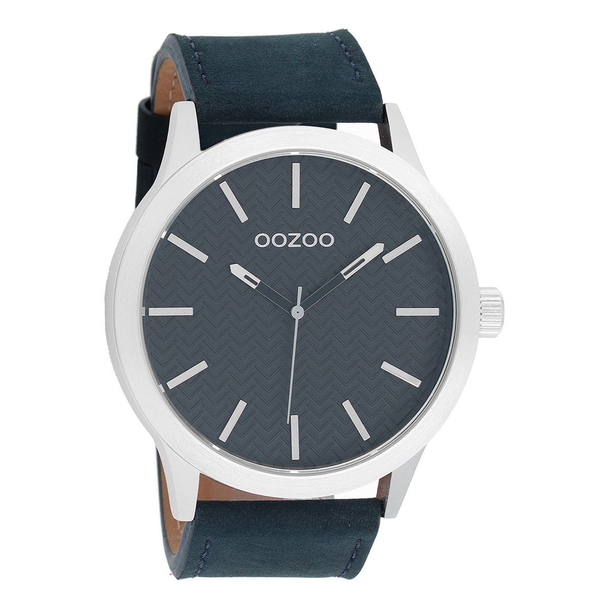 OOZOO Timepieces - Zilverkleurige horloge met donker blauwe leren band - C9013