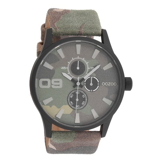OOZOO Timepieces - Zwarte horloge met camouflage leren band - C10347