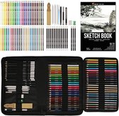 Compleet Tekenset 74-delig - Set van 24 aquarelpotloden, 12 kleurpotloden, 12 metaalpotloden, 12 papierpotloden en accessoires - Inclusief 1 Tekenboek