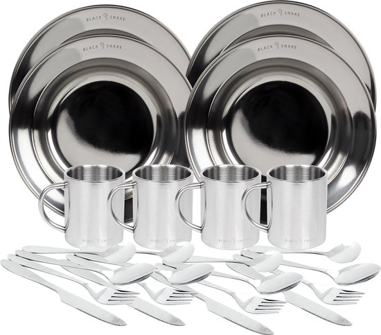 Black Snake Plat Bord Van Roestvrij Staal – 23 Cm Diameter – Zilver – Geborsteld – Onbreekbaar – Voor Kamperen, Wandelen, Picknick & Barbecue – Licht & Onderhoudsvriendelijk