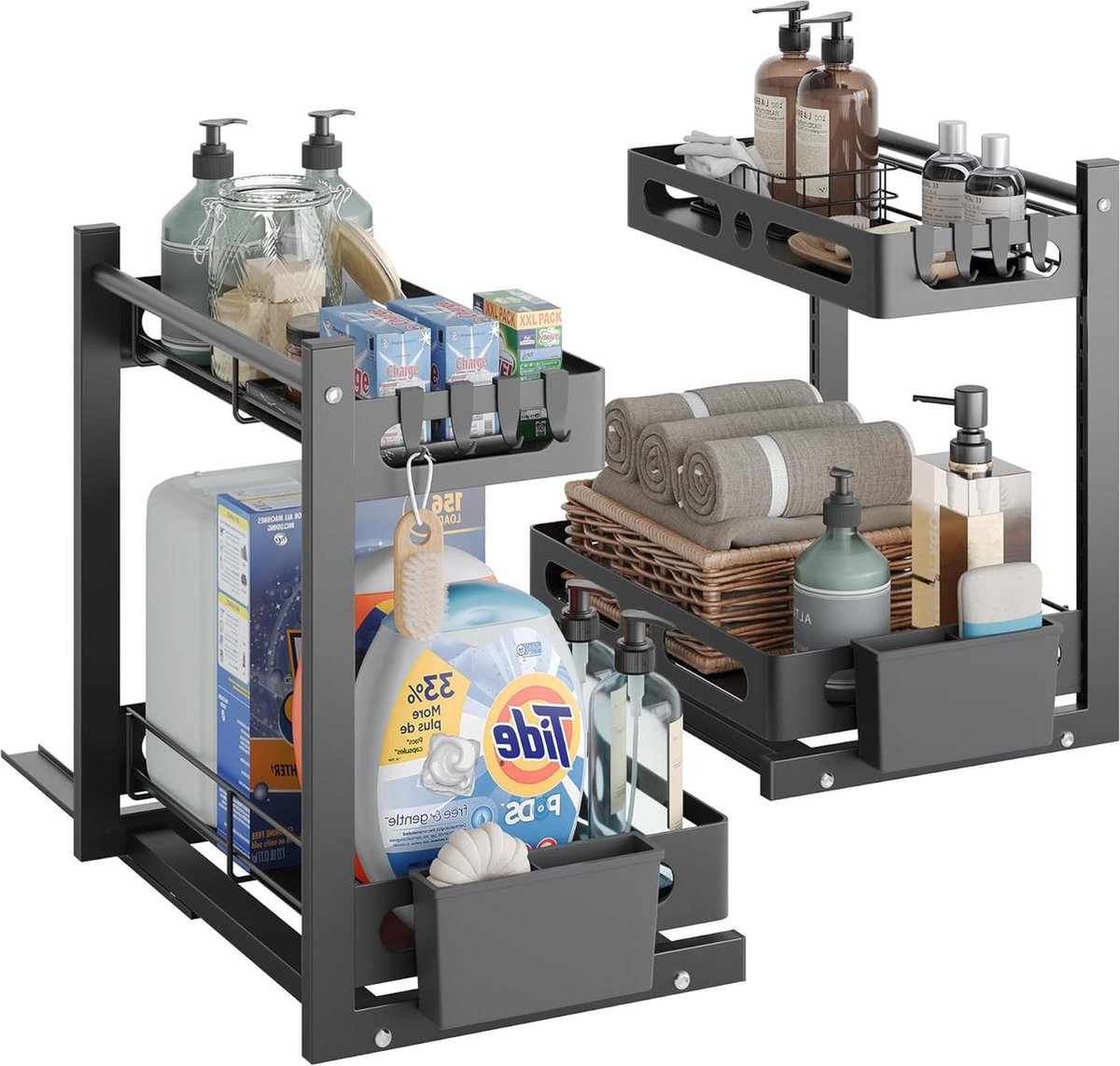 Goedkoopste Set van 2 spoelkastorganizer opslag 2 etages - uittrekbaar keukenrek - multifunctionele organizer voor keuken en badkamer - zwart
