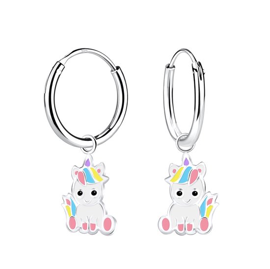Oorbellen meisje | Eenhoorn oorbellen | Zilveren oorringen met hanger, unicorn met pastel regenboog manen