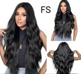 Frazimashop- krul Pruik Hittebestendige - Pruiken Dames Lang krullen Haar - #Front Lace Wig 13x4# 65 cm kleur zwart Pruiken- Dames Lang Haar - Wig