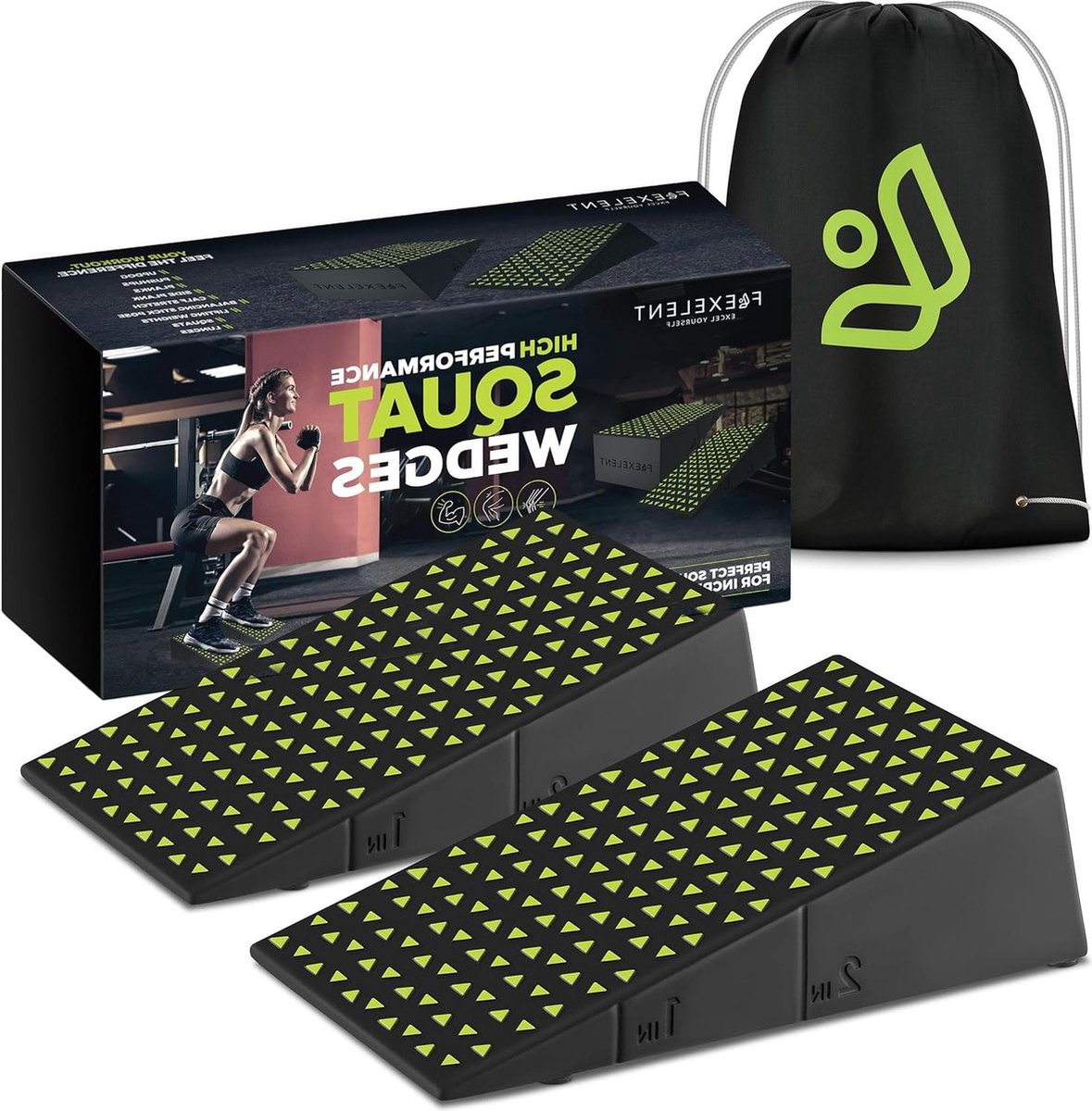Squat wedge block set - anti-slip hielverhoging - draagbaar - kuitverhoging - schuin board - squats oefening - met trekkoord rugzak - 95 x 109 x 30 cm