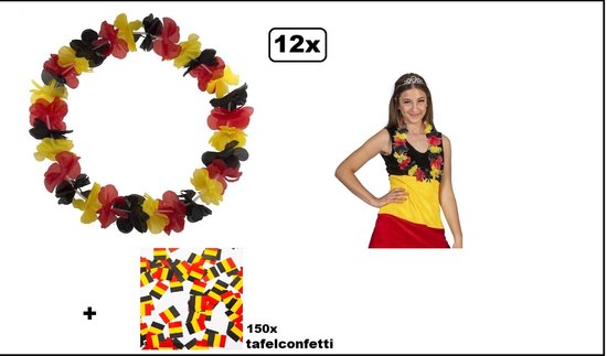 12x couronne hawaïenne Belgique - noir/jaune/rouge + sac 150x papier confettis de table Belgique - Belgique Championnat d'Europe Voetbal soirée à thème Guirlande Hawaï