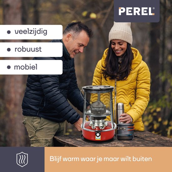Perel Draagbare kerosine- of petroleumkachel, ontworpen voor buitengebruik, met lont, 2600 W, zichtbare brandstoftank voor eenvoudige peilcontrole, robuust en betrouwbaar, handige draaggreep, ideaal voor kamperen, tuin of bouwplaatsen, Ø33 x 45 cm
