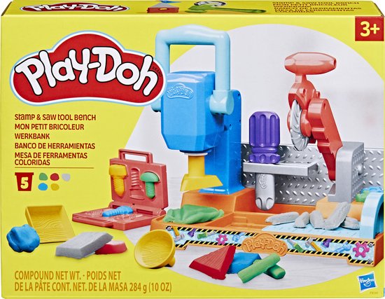 Play-Doh Stempelen en Zagen Speelset - Boetseerklei - Kindergereedschap - Werkbank speelgoed - 5 Play-Doh potjes - Knutselen voor kinderen