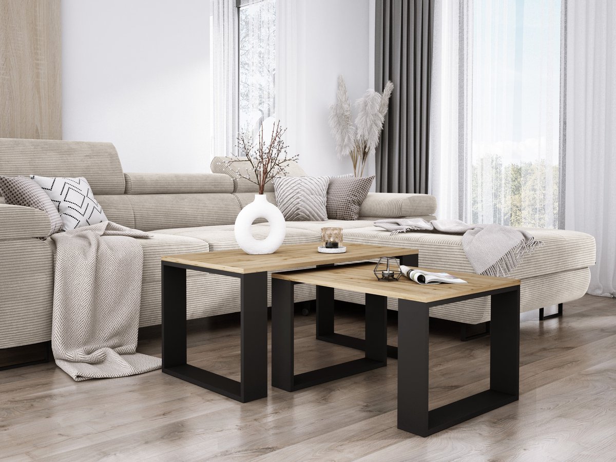 Meubel Square - Salontafel Twinix - Eiken / Antraciet - Set van 2