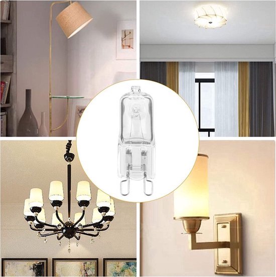 Collage: staande lamp, plafondlamp met gedimd licht, kroonluchter, wandlamp en een G9 halogeenlamp in het midden.