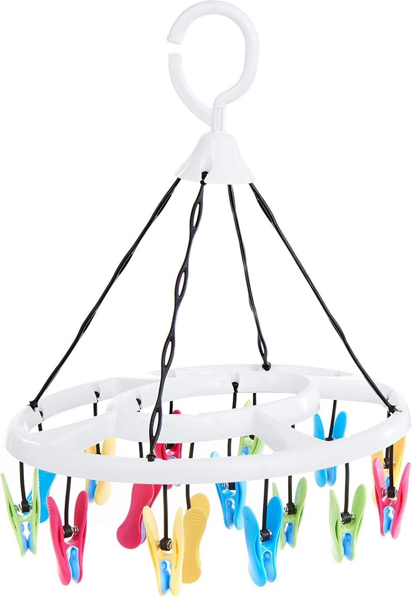 Kleine wasdroger droogmolen met 16 zachte clips - Premium wasknijpers - wit met blauw-geel-groen-roze droogcarrousel