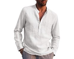 AUDATE Heren Katoen Linnen Shirt Herfst Zomer Overhemd Lange Mouwen Regular Fit Casual Shirt Wit XL