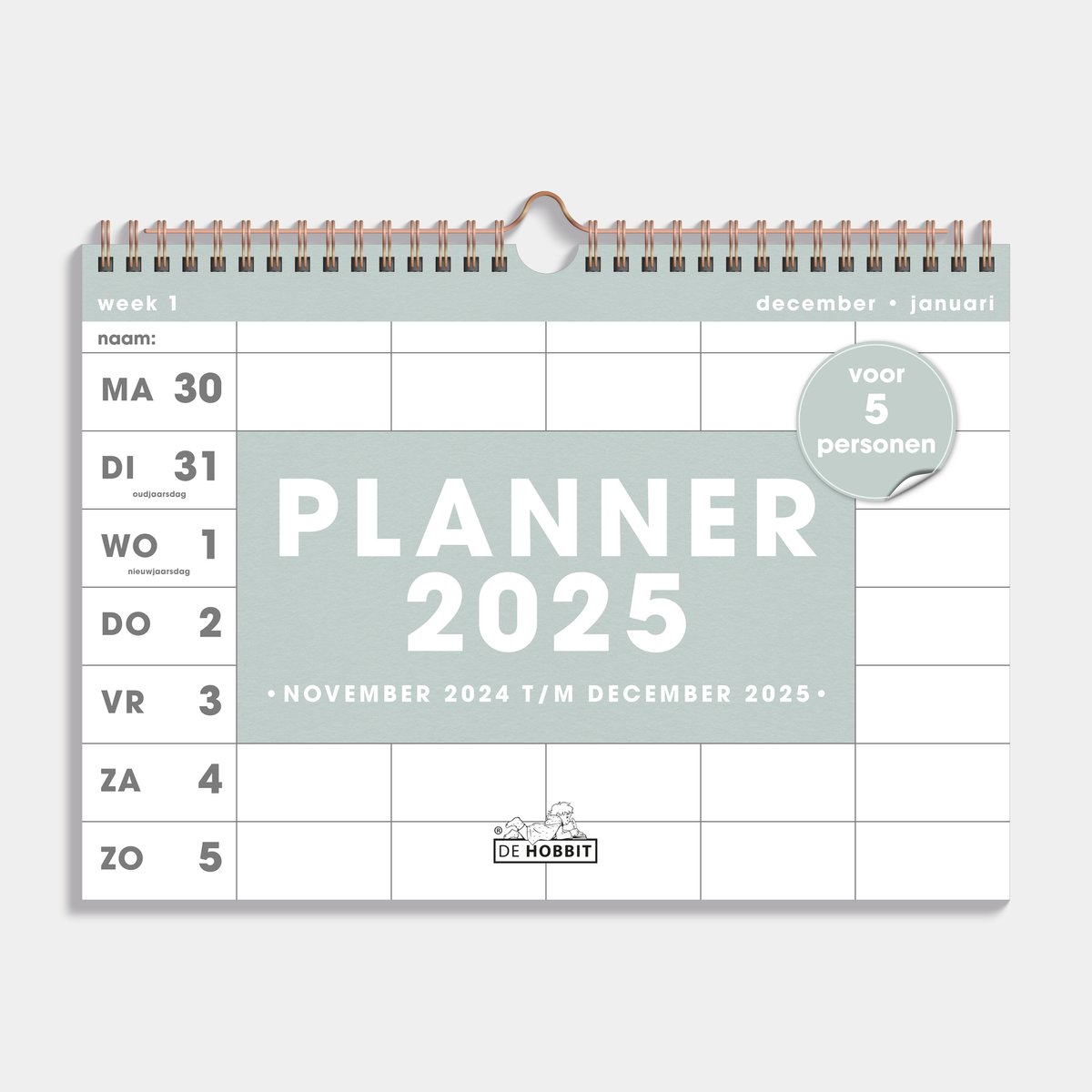 Hobbit - Familieplanner 2025 - Familiekalender - Weekkalender - Spiraalgebonden - 5 personen - A4 (21 x 29,7 cm) - Grijs/Groen - 2025 op Prijzenvolger.com