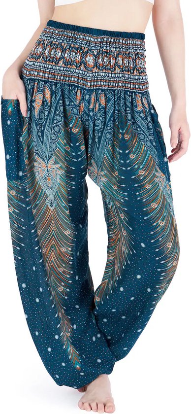 Sarouel - Pantalons de yoga - Pantalons d'été - Femmes et hommes - Petits; taille 32,34,36 - Vert plume/bleu
