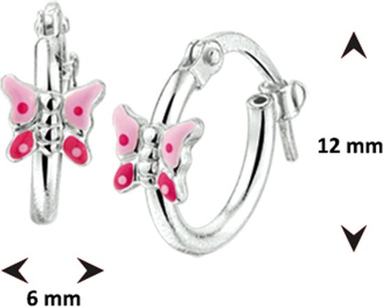 Zilverkleurige oorringen met een roze vlinderbedel, 12 mm en 6 mm.