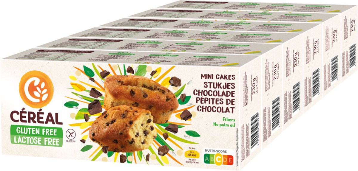 Goedkoopste Céréal Mini Cakes Stukjes Chocolade Glutenvrij & Lactosevrij - 6 x 230 gr - Voordeelverpakking