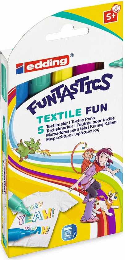 Set de 5 feutres textiles Edding Funtastics, illustrant des enfants et des créatures fantastiques.