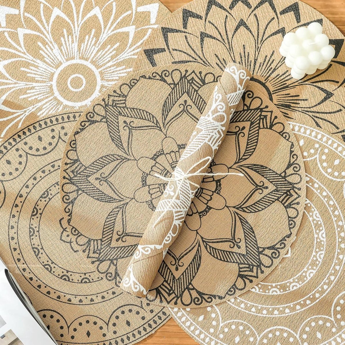CcHhyyt 6er Set Runde Boho-Tischsets für den Esstisch PVC Platzsets waschbar hitzebeständig Essmatte rutschfest Outdoor-Tischsets Esszimmer Hochzeit Bauernhaus Bohemian-Stil Tischdekoration (Mix