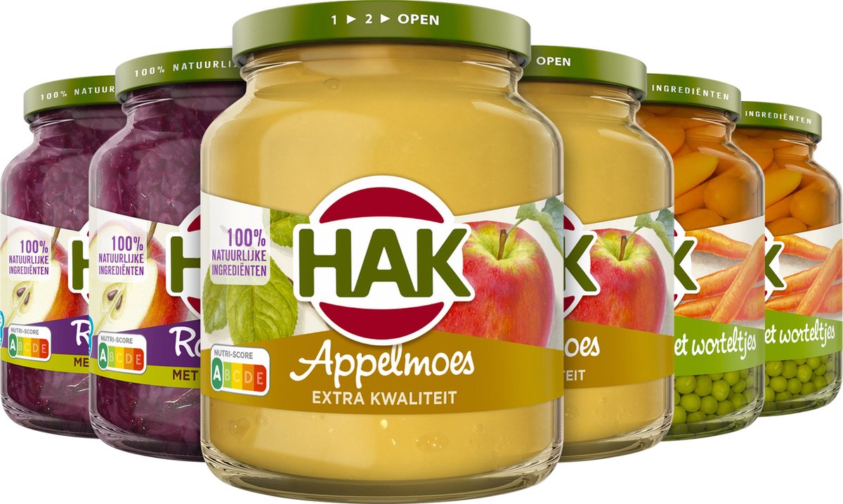 HAK Potten Variatiemenu - Gezond eten voor het hele gezin - 2x3 verschillende soorten HAK potjes - 6 potten van 370ml - Rode kool met Appel - Appelmoes - Doperwten met Worteltjes