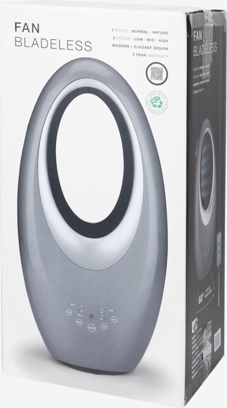 Bladloze ventilator 60° oscillatie 3 snelheden 2 modi stil veilig kind huisdier afstandsbediening