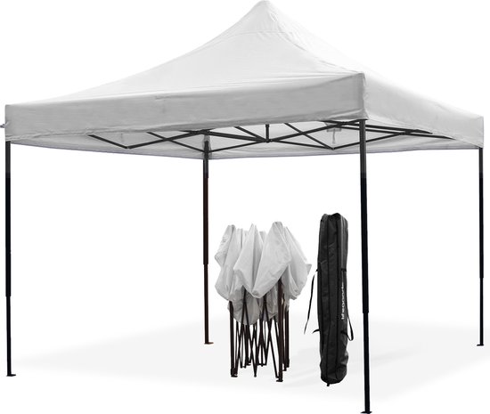 LifeGoods Partytent - Opvouwbaar - 3x3 m - Easy Up - Paviljoen - Waterdicht - Draagtas met Wieltjes - Wit