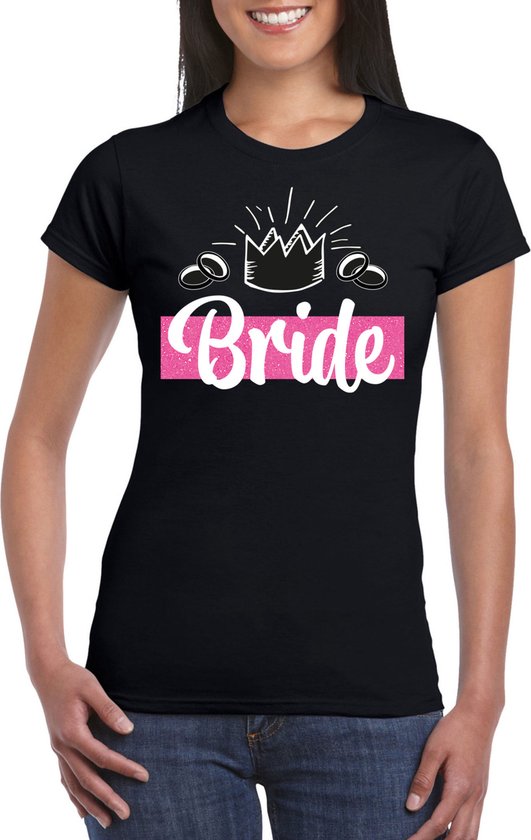Bellatio Decorations T-shirt enterrement de vie de jeune fille - Bride - noir - paillettes - mariage M