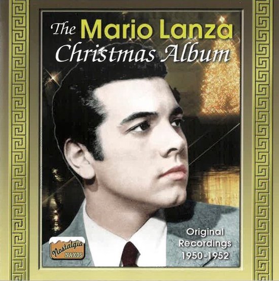 Albumhoes van 'The Mario Lanza Christmas Album' met Mario Lanza, een gouden rand en een kerstboom.