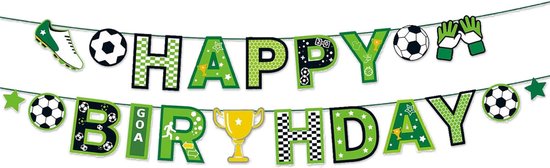 Gedecoreerde "Happy Birthday" slinger met voetbalmotieven in groen en zwart.