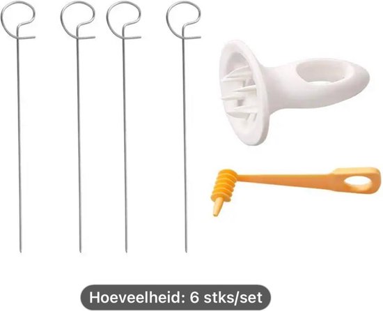 Set bestaande uit 4 metalen spiesen, een witte spiraalsnijderhouder en een gele spiraalsnijder.