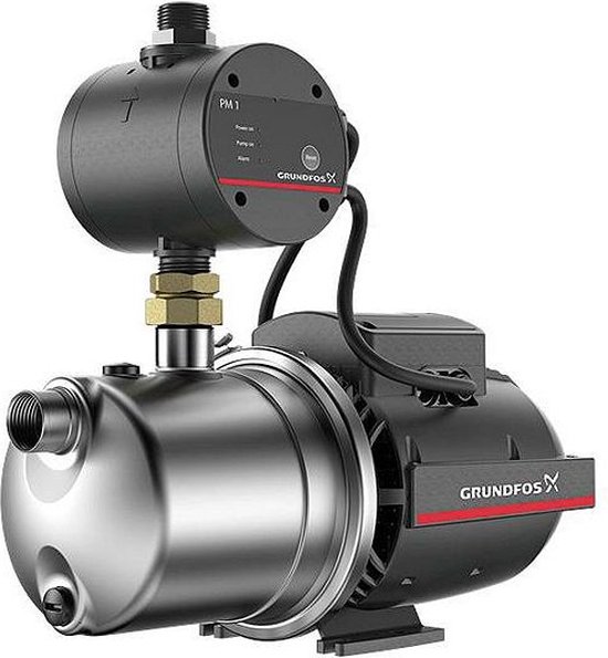 Zwarte Grundfos PM1 waterpomp met roestvrijstalen pomphuis en rode accenten.