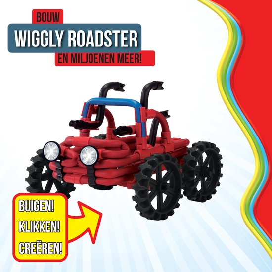 Een rode Spaghetteez Wiggly Roadster met blauwe accenten en grote zwarte wielen, met de tekst "Bouw Wiggly Roadster en miljoenen meer!".