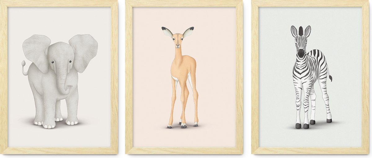 Inikini Safari Poster Set (3 Stuks A4) – Neutrale Dieren Posters – Minimalistische Wanddecoratie voor Babykamer & Kinderkamer