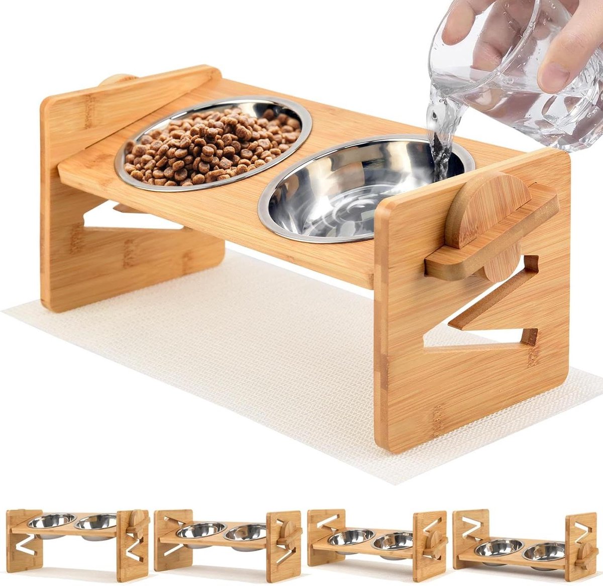 Hondenbak, verhoogd met standaard, in hoogte verstelbaar, voederbak voor honden, hondenbakken, voederstation van bamboe, hondenkommen met 2 roestvrijstalen bakken en antislip voetjes (groot - 35 cm
