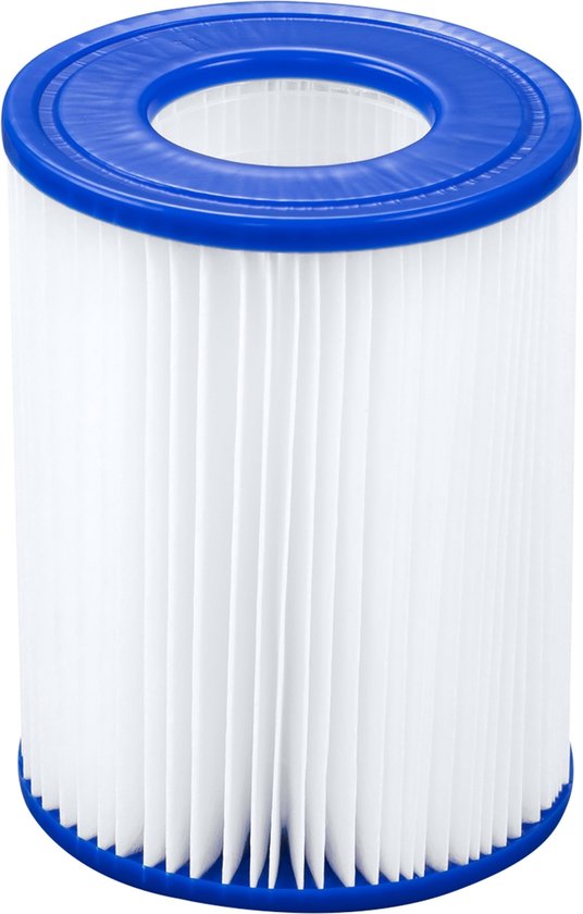 Een wit Bestway zwembadfilter type II met blauwe randen, staand op een witte achtergrond.