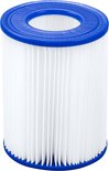 Een wit Bestway zwembadfilter type II met blauwe randen, staand op een witte achtergrond.
