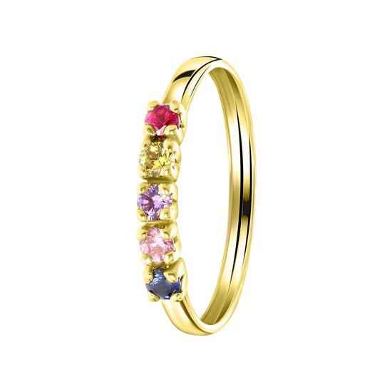 Lucardi Dames Ring 5 multicolor zirkonia's - Ring - Cadeau - 14 Karaat Goud - Geelgoud