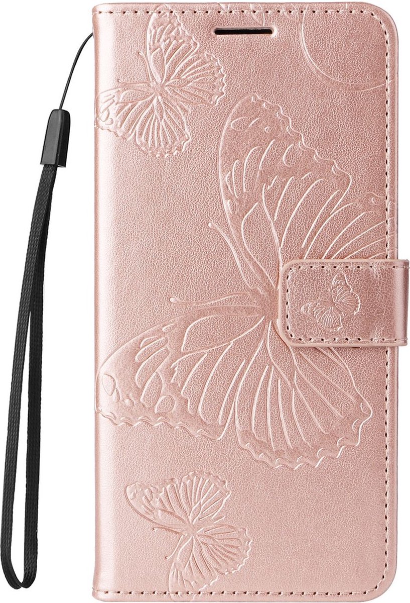 Mobigear Telefoonhoesje geschikt voor Apple iPhone 16 Pro Hoesje | Mobigear Butterfly Bookcase Portemonnee | Pasjeshouder voor 2 Pasjes | Telefoonhoesje voor Pinpas / OV Kaart / Rijbewijs - Roségoud