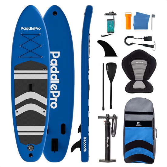 LifeGoods PaddlePro SUP Board - met Zitje - Opblaasbaar Paddle Board - Complete Set - Max. 135KG - 320x81cm - Blauw