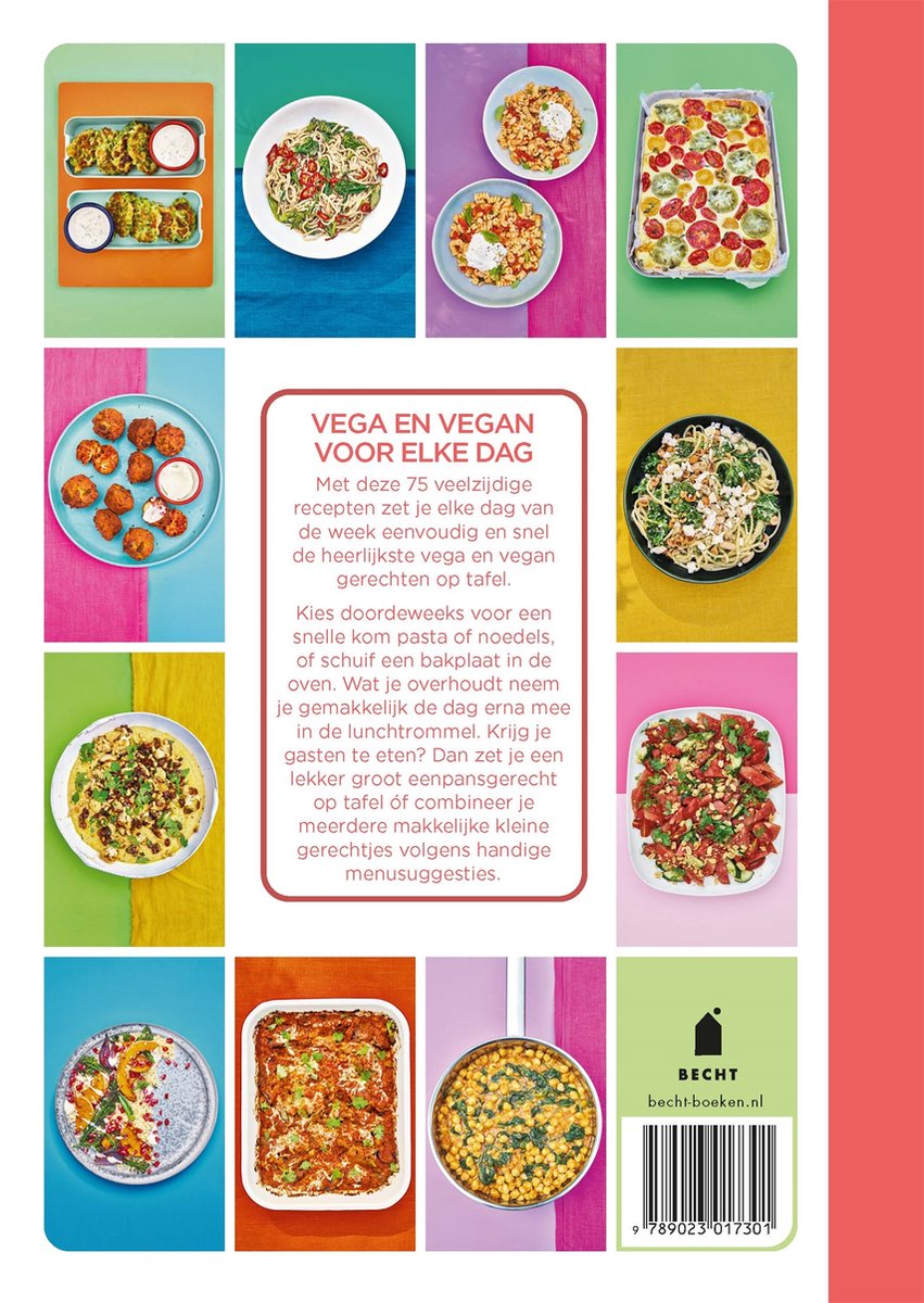 De achterkant van "Vega en vegan voor elke dag" toont een collage van 12 foto's van vegetarische en veganistische gerechten, waaronder pasta, ovenschotels en snacks.