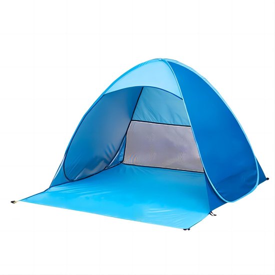 Blauwe pop-up strandtent met een open voorkant en een uitklapbare grondmat.